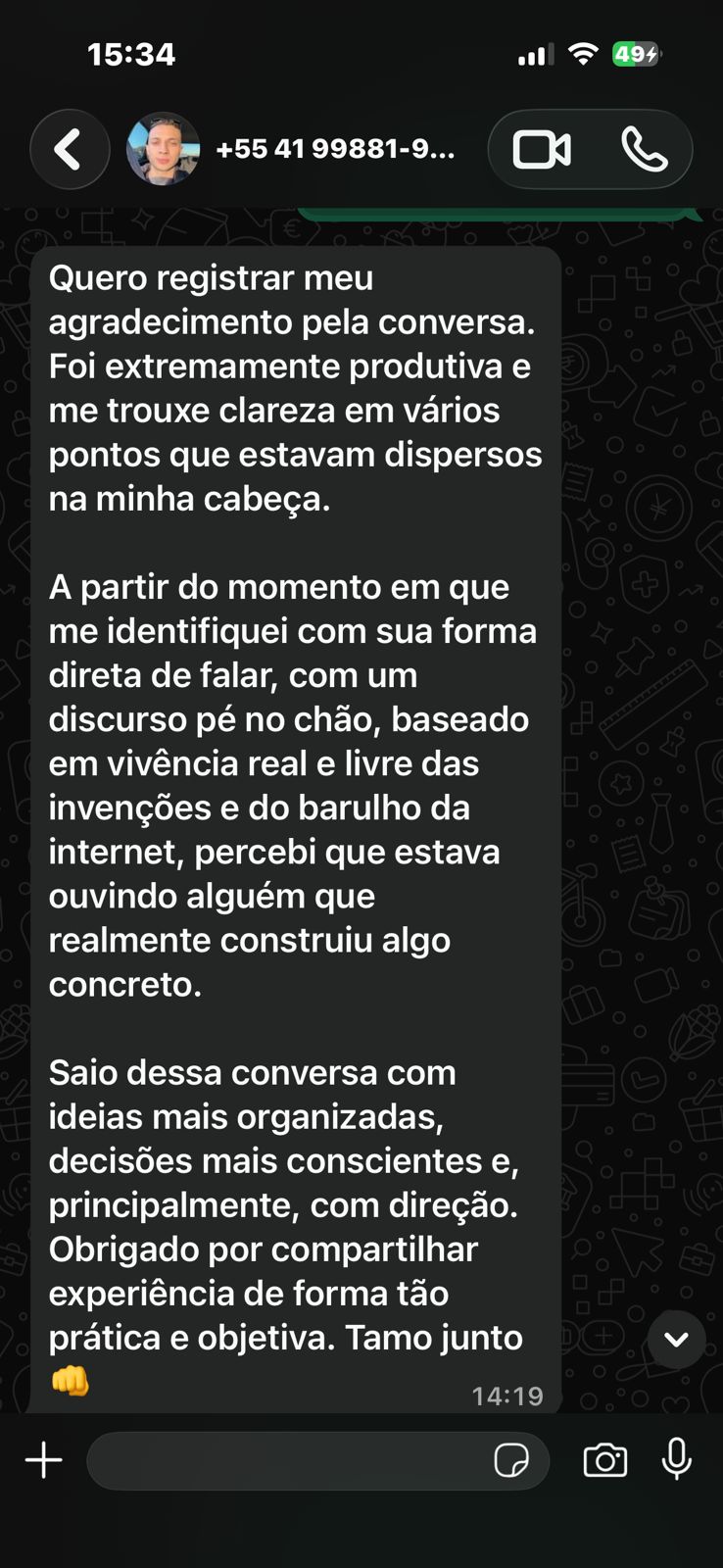 Depoimento via WhatsApp sobre a sessão de direcionamento estratégico