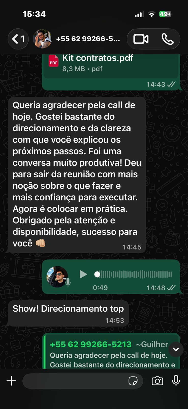 Depoimento via WhatsApp agradecendo a call de direcionamento